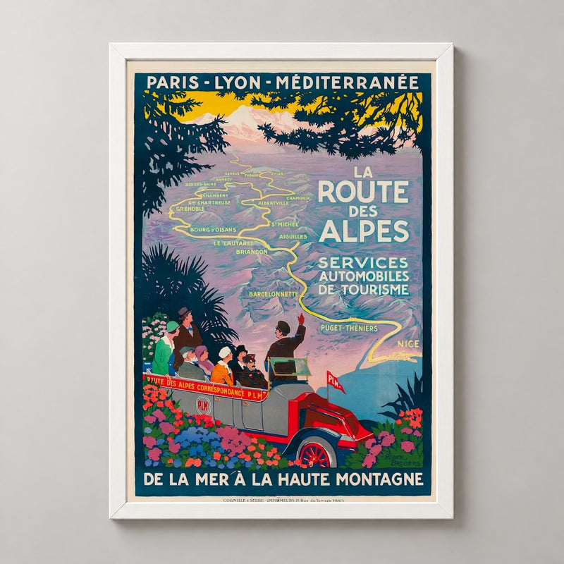 Paris Lyon Mediterranean Alps Route France Vintage Travel Poster — realistic white frame studio view