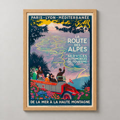 Paris Lyon Mediterranean Alps Route France Vintage Travel Poster — realistic natural wood frame studio view