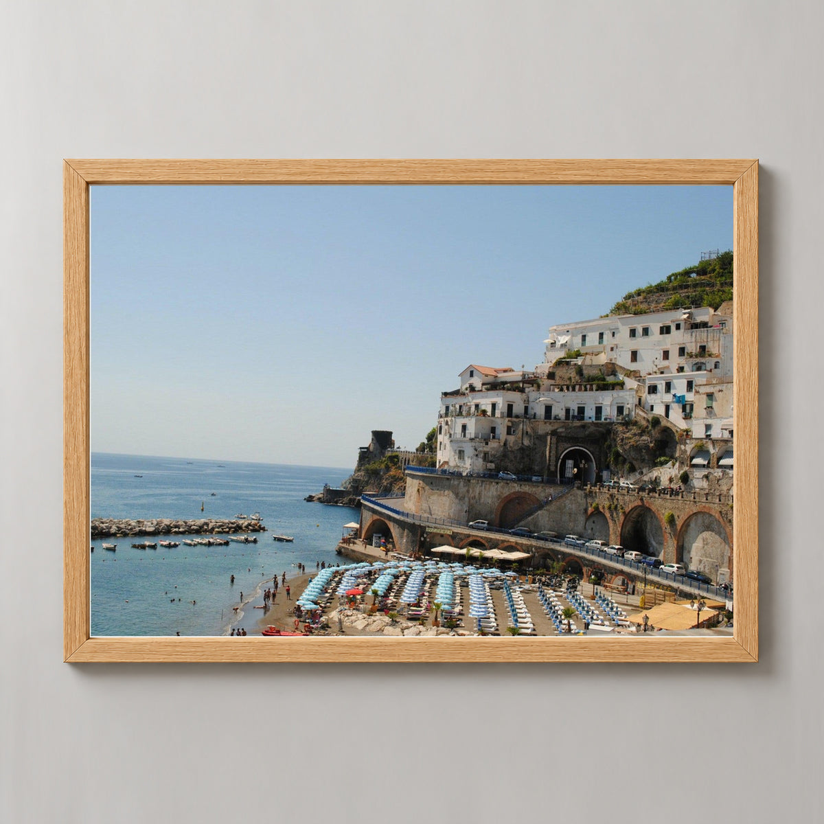 Amalfi Coast Umbrellas Photo - Fine Art Photography — realistic natural wood frame studio view