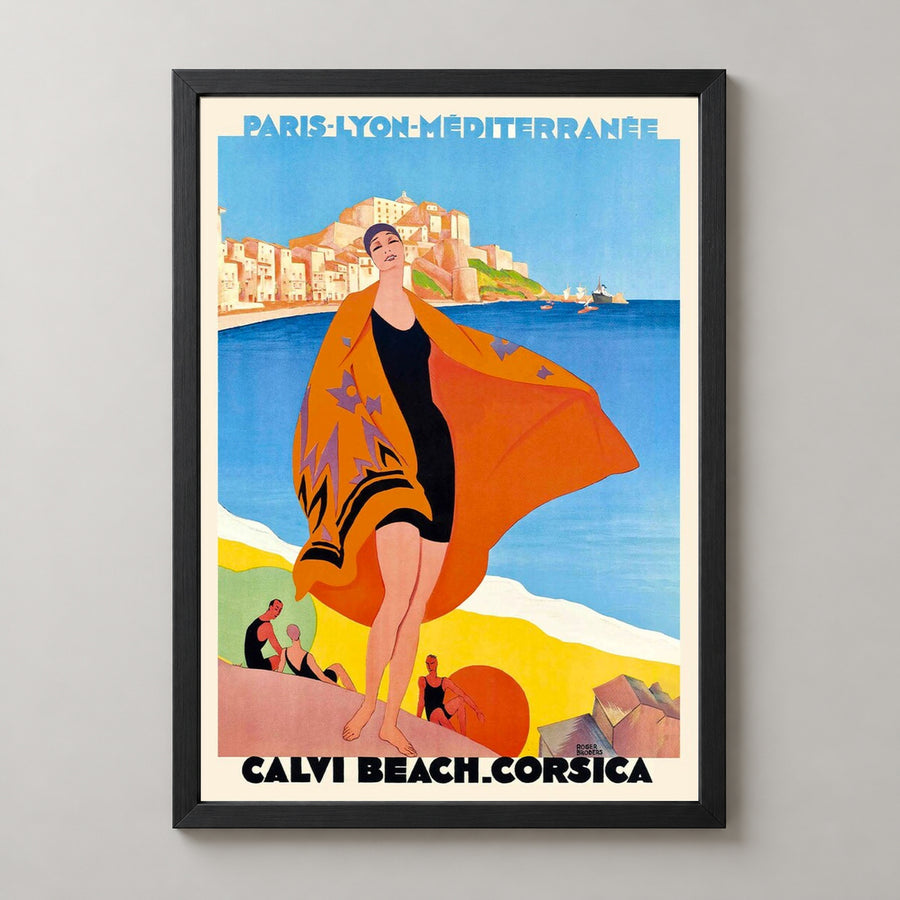 Calvi Beach Corsica Vintage Travel Poster by Roger Broders — realistic black frame studio view