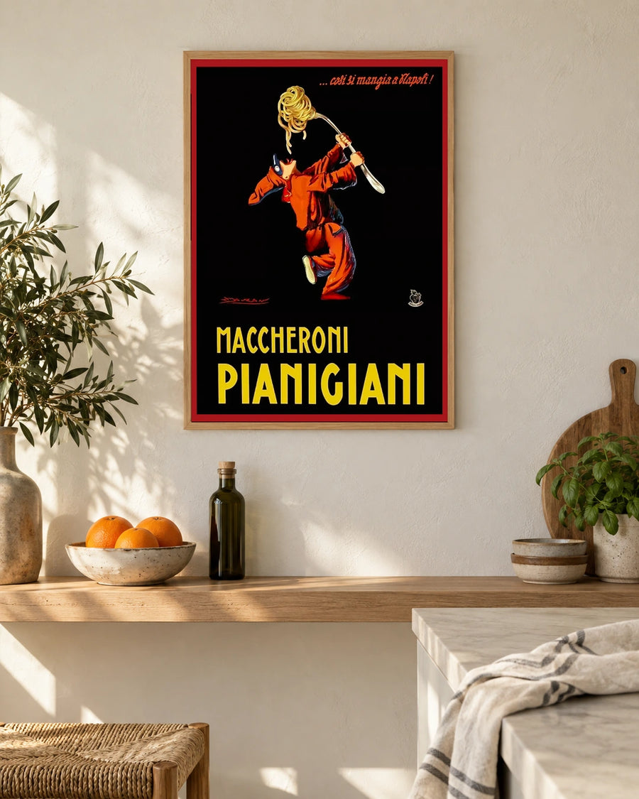 Maccheroni Pianigiani Pasta Poster by Achille Mauzan — styled room view