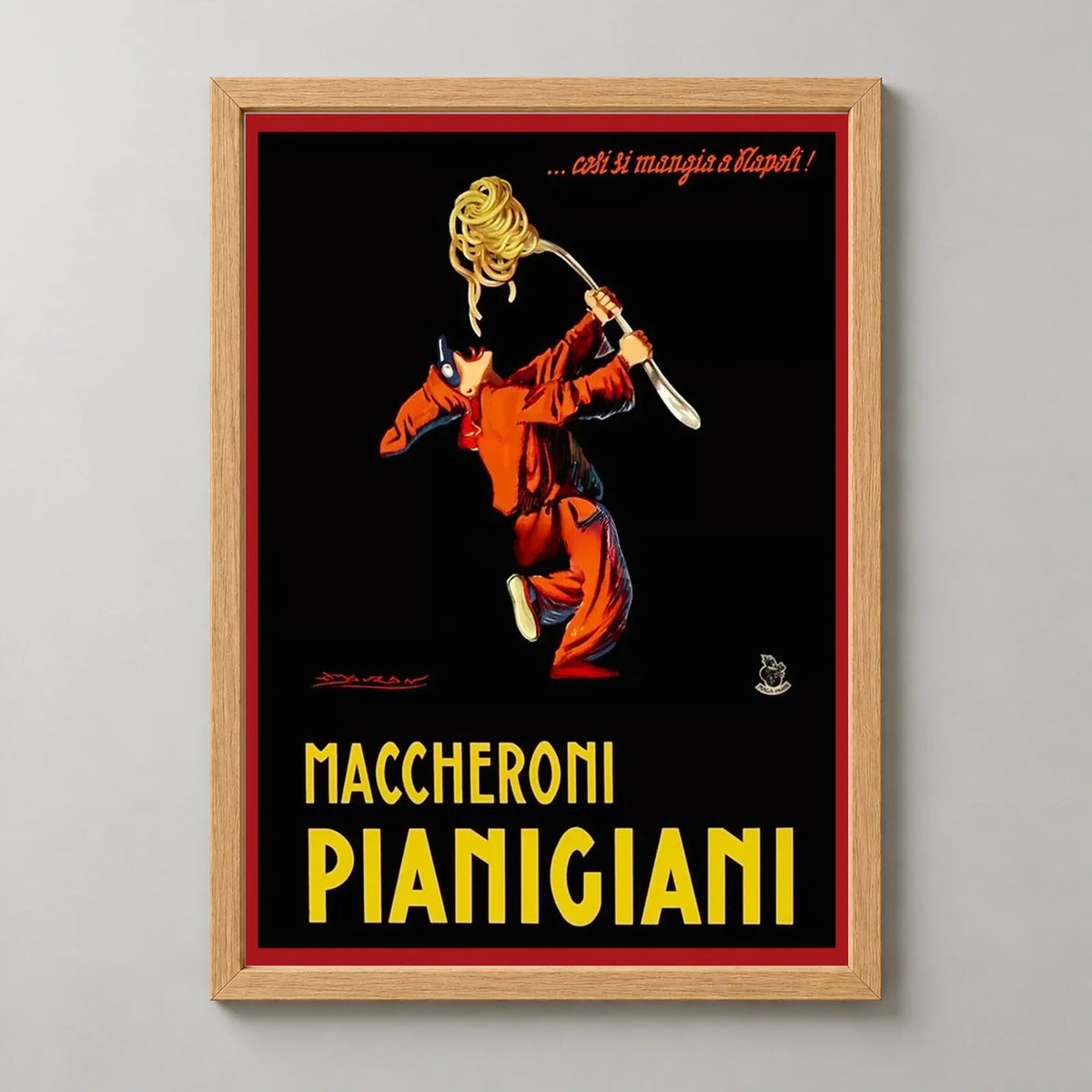 Maccheroni Pianigiani Pasta Poster by Achille Mauzan — wood frame