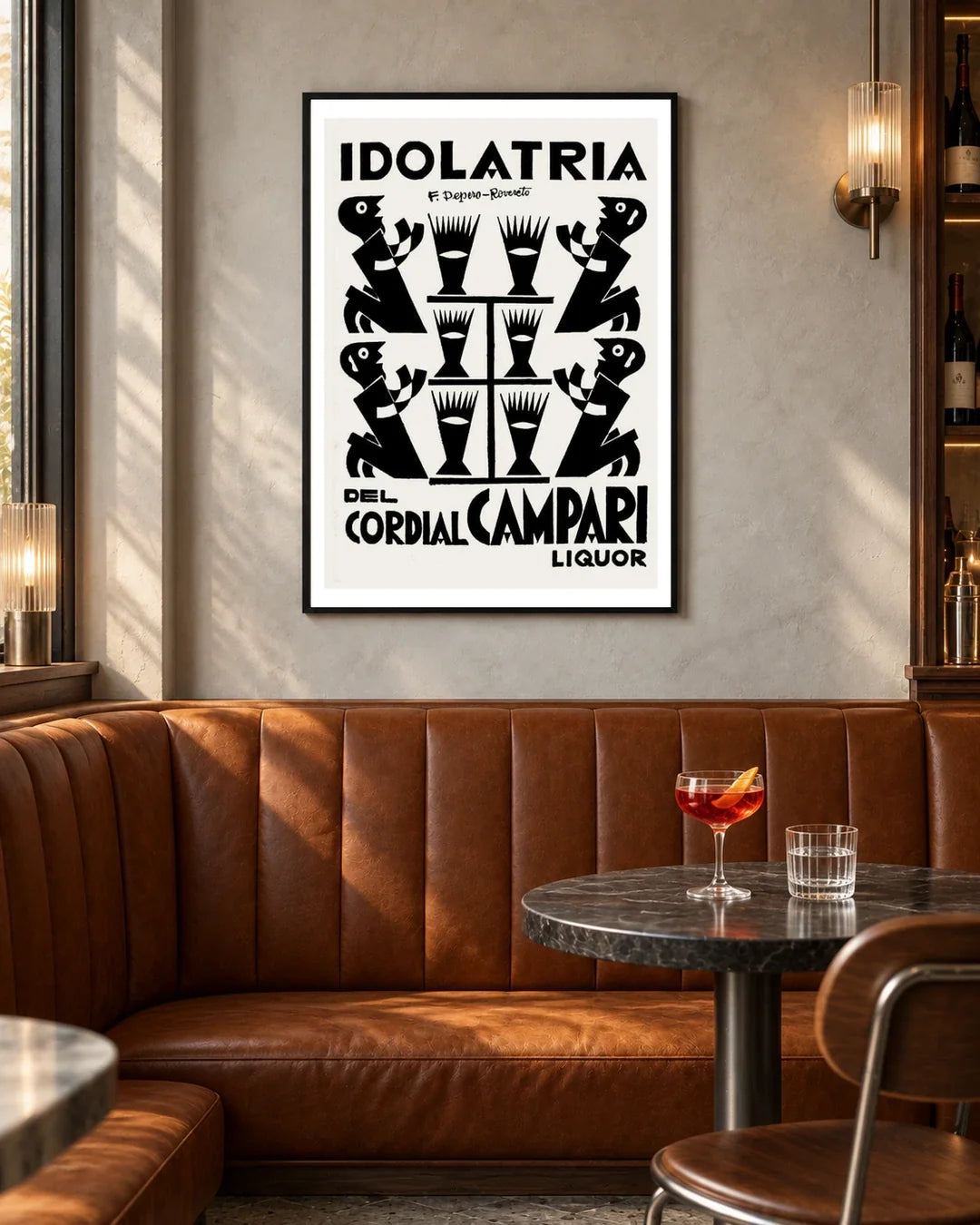 Idolatria del Cordial Campari Poster by Fortunato Depero — black frame in a contemporary bar with grey walls and tan leather seating