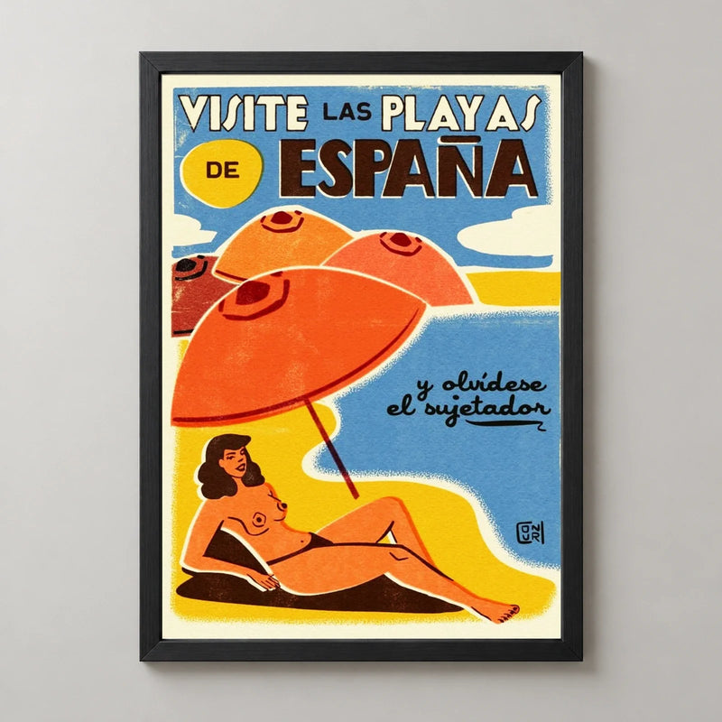 Visite las Playas de España Beach Poster — black frame