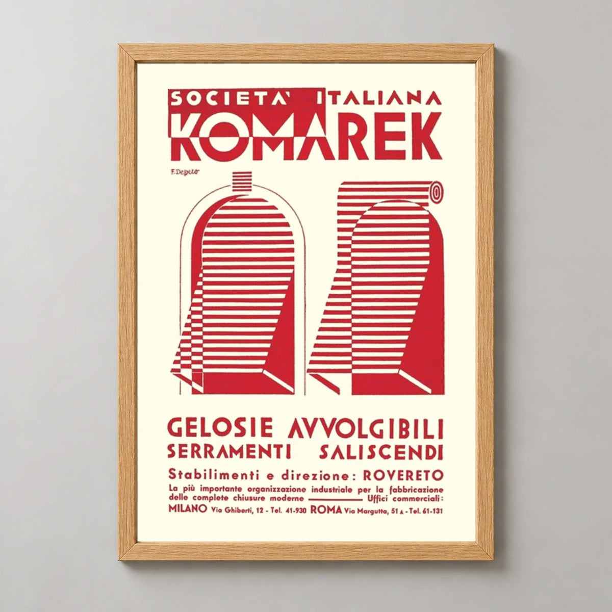 Komarek Italian Advertising Poster by Fortunato Depero — wood frame