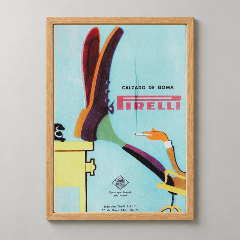 Pirelli Calzado de Goma Shoe Poster — wood frame