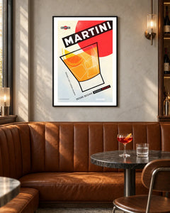 Martini Rosso Rocks Glass Poster — black frame in a contemporary bar with grey walls and tan leather seating