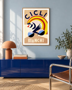 Cicli Bianchi Geometric Cycling Poster — styled room view