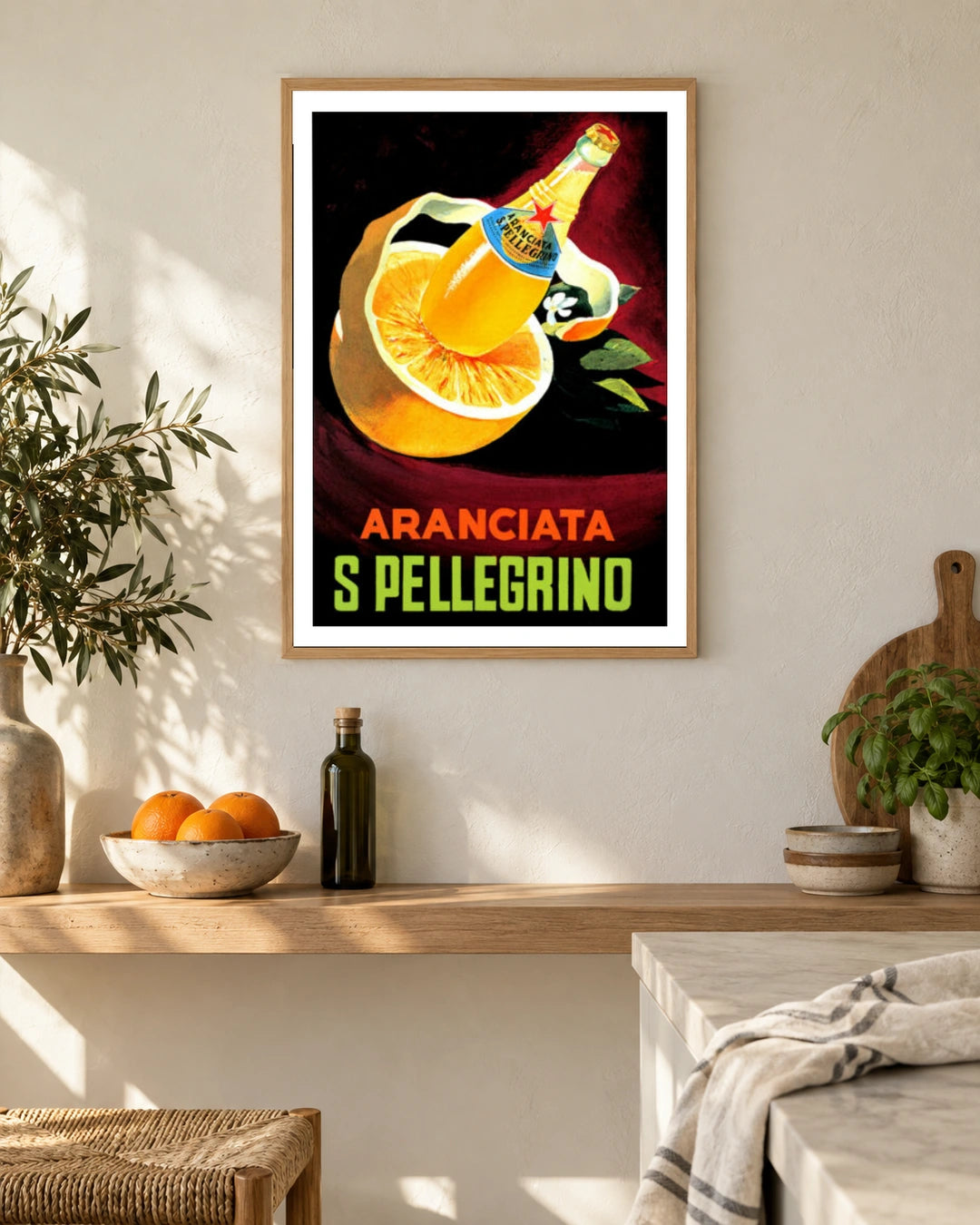 Aranciata San Pellegrino Orange Bottle Poster — styled room view