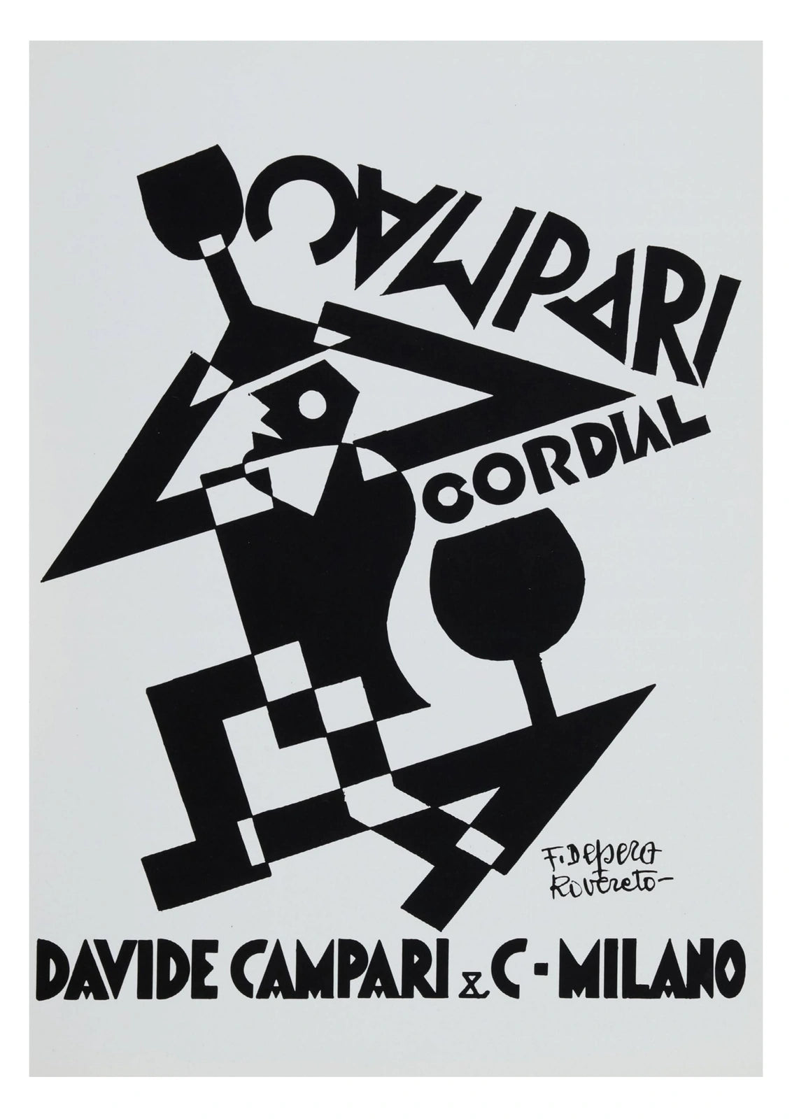 Campari Cordial Black and White Figure Poster by Fortunato Depero — complete artwork
