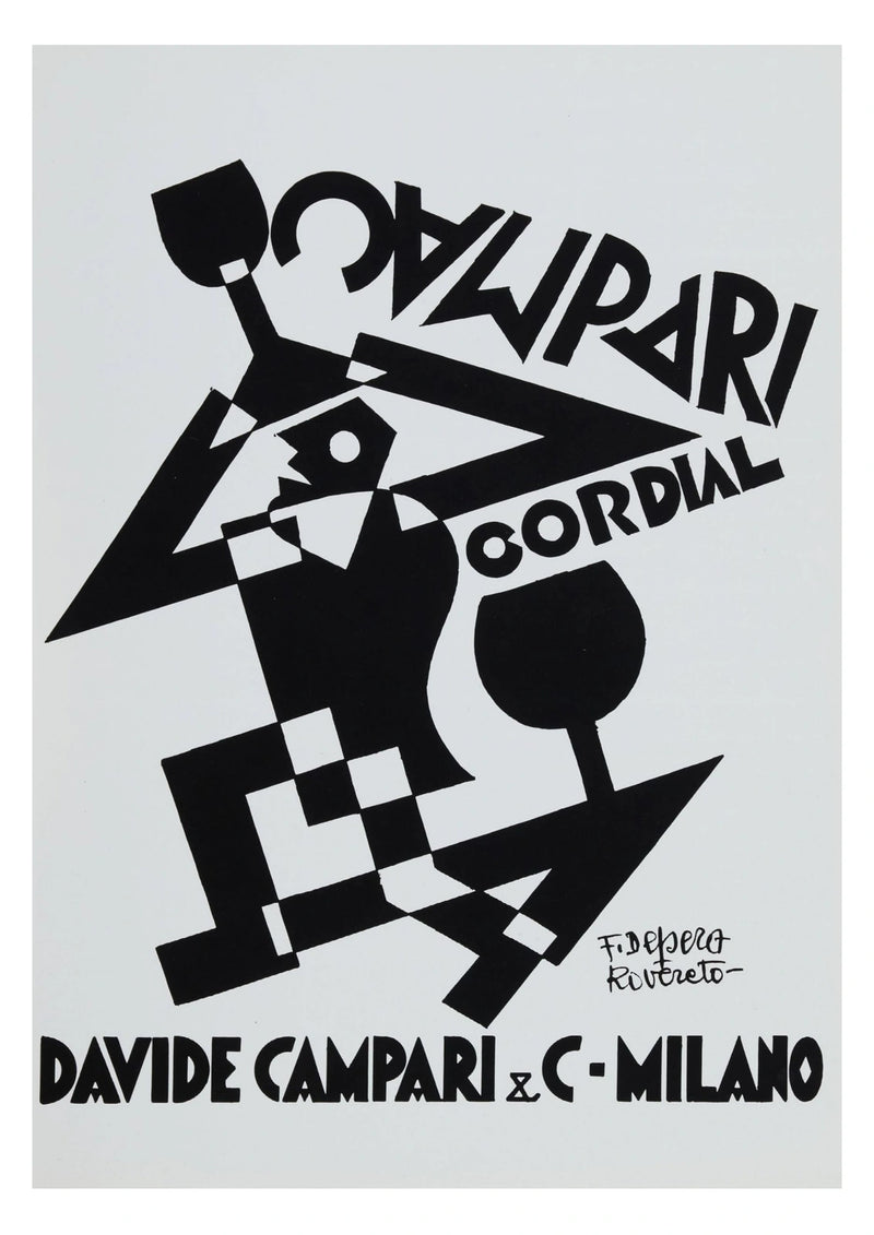 Campari Cordial Black and White Figure Poster by Fortunato Depero — complete artwork