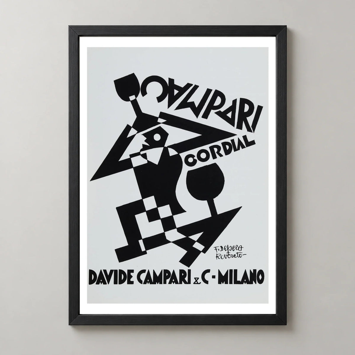 Campari Cordial Black and White Figure Poster by Fortunato Depero — black frame