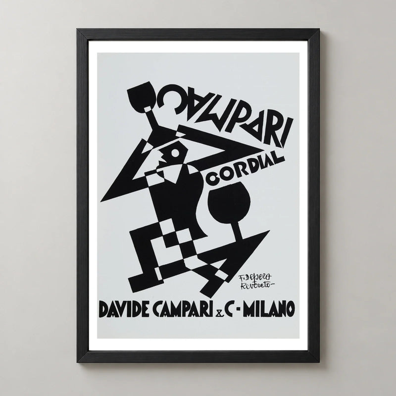 Campari Cordial Black and White Figure Poster by Fortunato Depero — black frame
