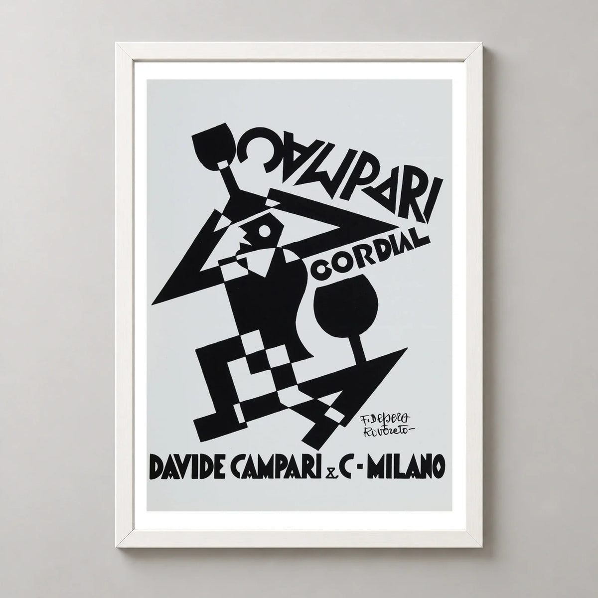 Campari Cordial Black and White Figure Poster by Fortunato Depero — white frame