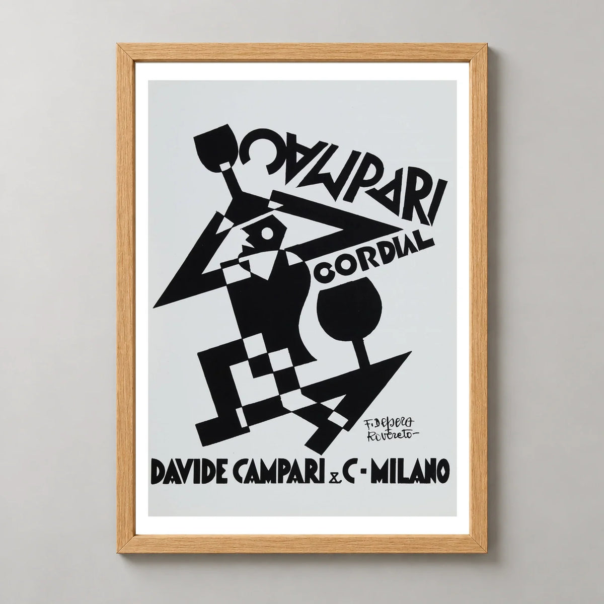 Campari Cordial Black and White Figure Poster by Fortunato Depero — wood frame