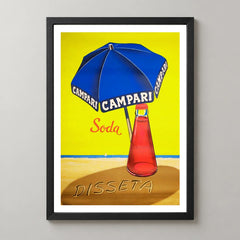 Campari Soda Blue Umbrella Beach Poster — black frame