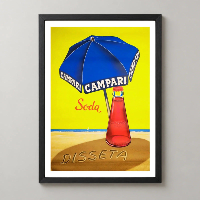 Campari Soda Blue Umbrella Beach Poster — black frame