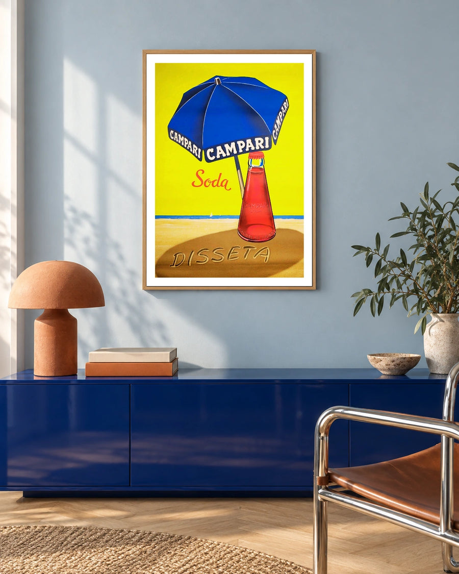 Campari Soda Blue Umbrella Beach Poster — styled room view