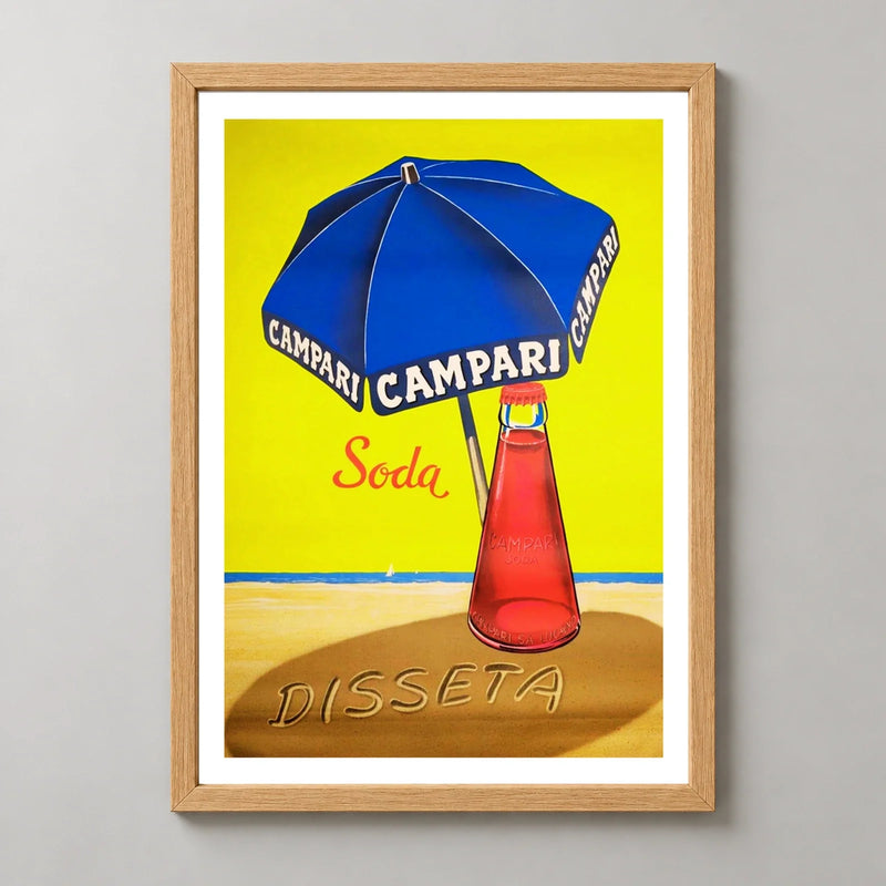 Campari Soda Blue Umbrella Beach Poster — wood frame