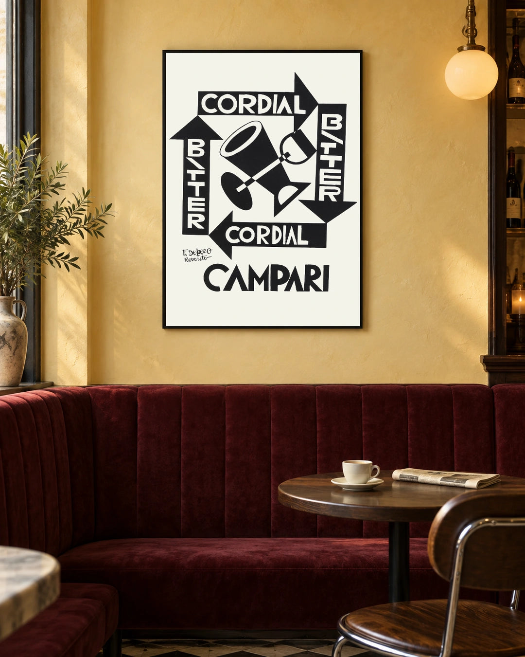 Cordial Bitter Campari Geometric Drinks Poster — black frame in a warm bistro dining space