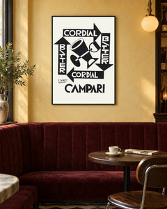 Cordial Bitter Campari Geometric Drinks Poster — black frame in a warm bistro dining space