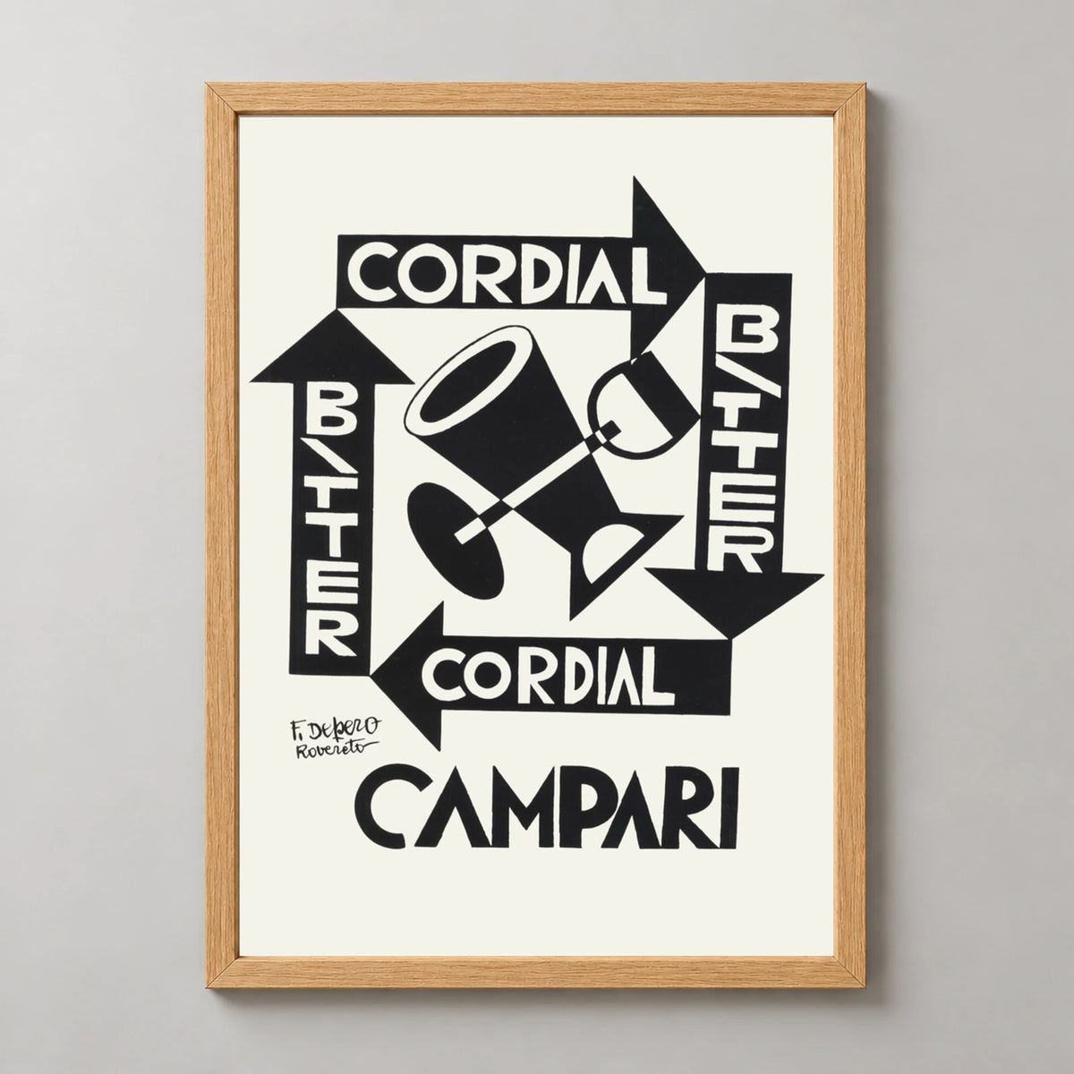 Cordial Bitter Campari Geometric Drinks Poster — wood frame studio view