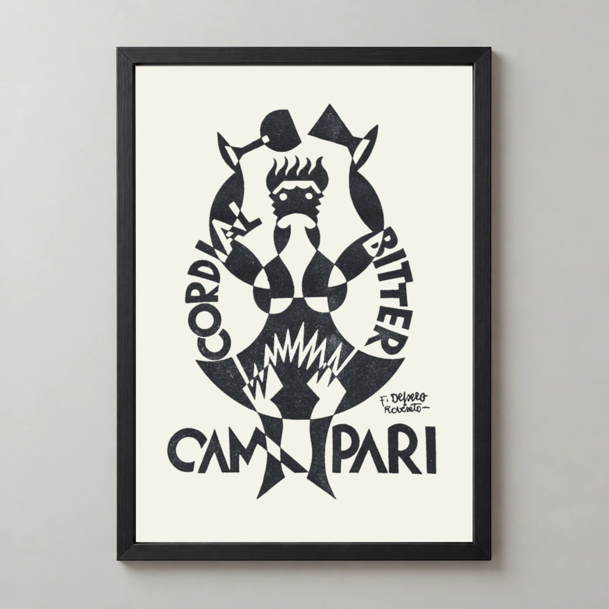 Campari Black and White Toasting Figure Poster — black frame studio view