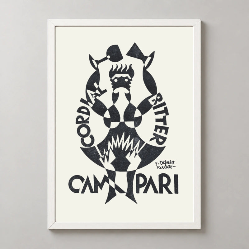 Campari Black and White Toasting Figure Poster — white frame studio view