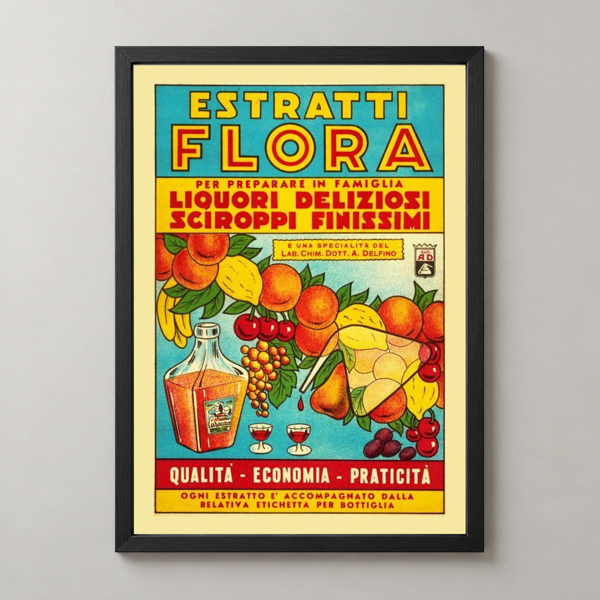 Estratti Flora Italian Fruit Advertisement Poster — black frame studio view