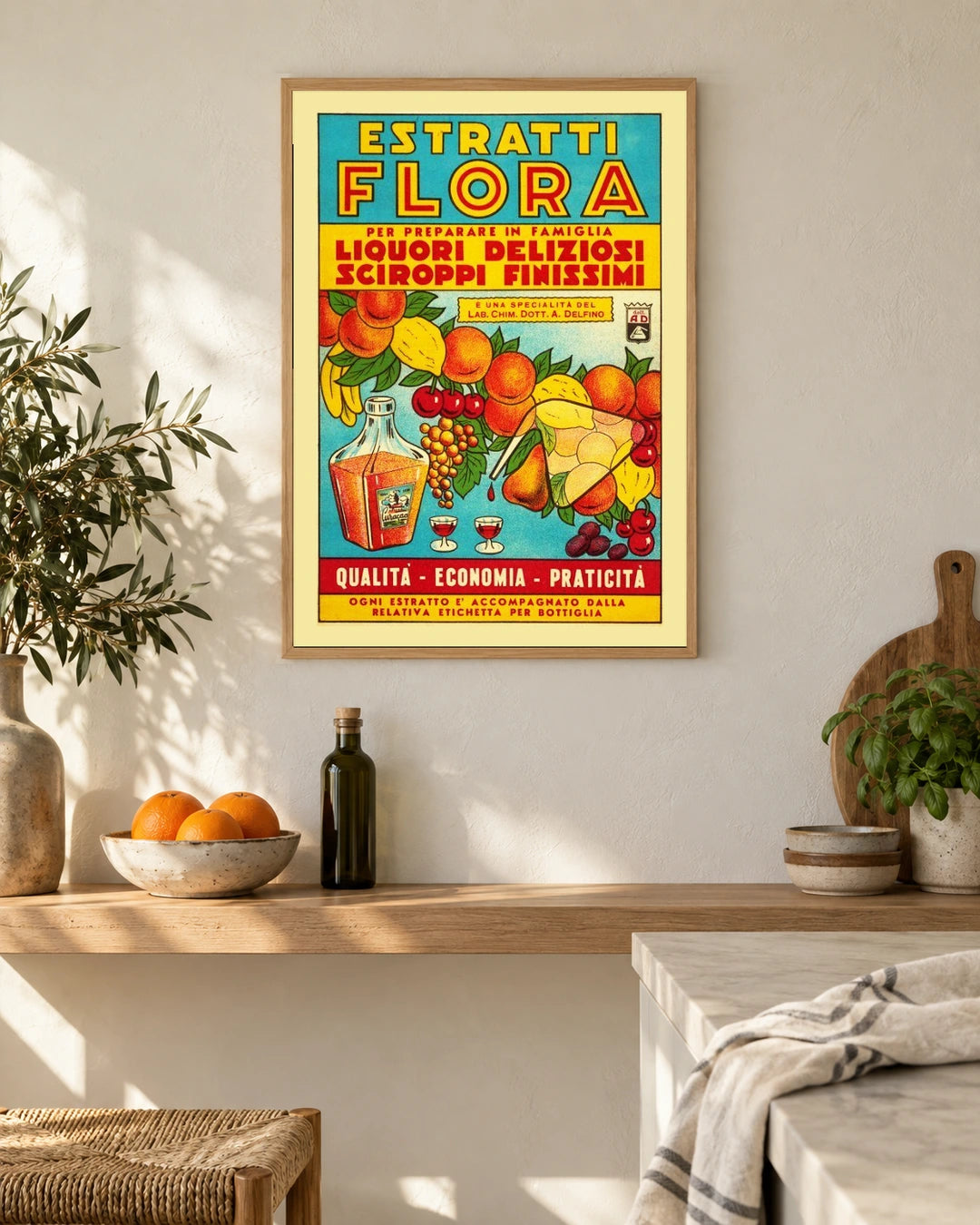 Estratti Flora Italian Fruit Advertisement Poster — natural wood frame in a warm, light kitchen