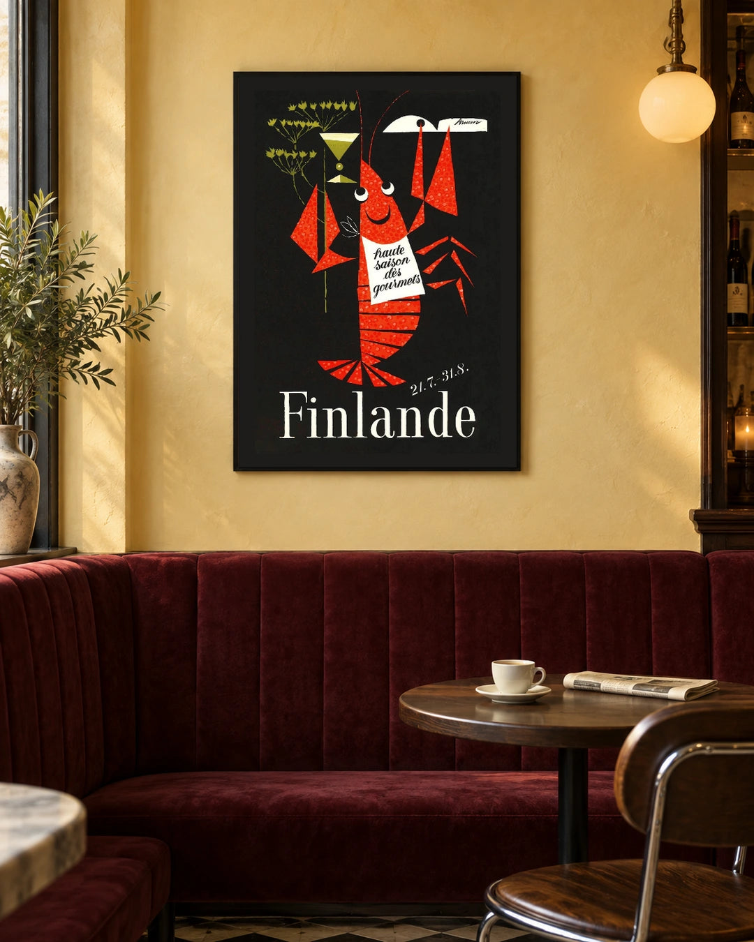 Finlande Gourmet Season Poster — black frame in a warm bistro dining space