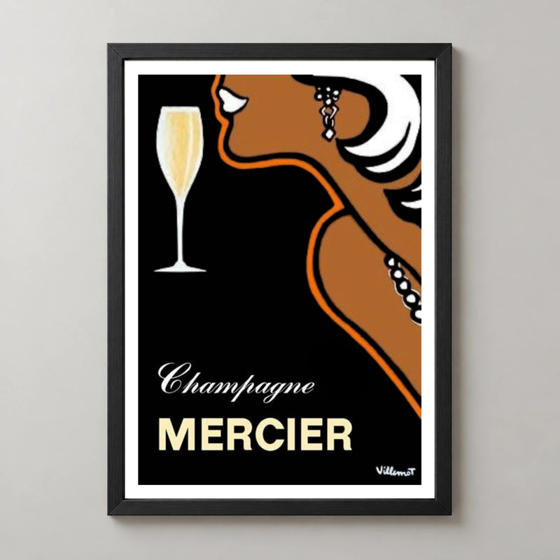 Mercier Champagne Profile Poster by Villemot — black frame studio view
