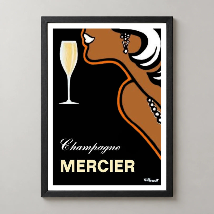 Mercier Champagne Profile Poster by Villemot — black frame studio view