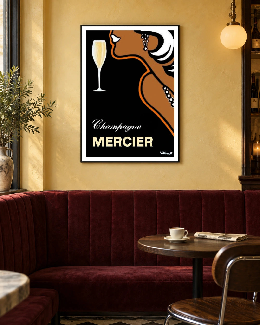 Mercier Champagne Profile Poster by Villemot — black frame in a warm bistro dining space