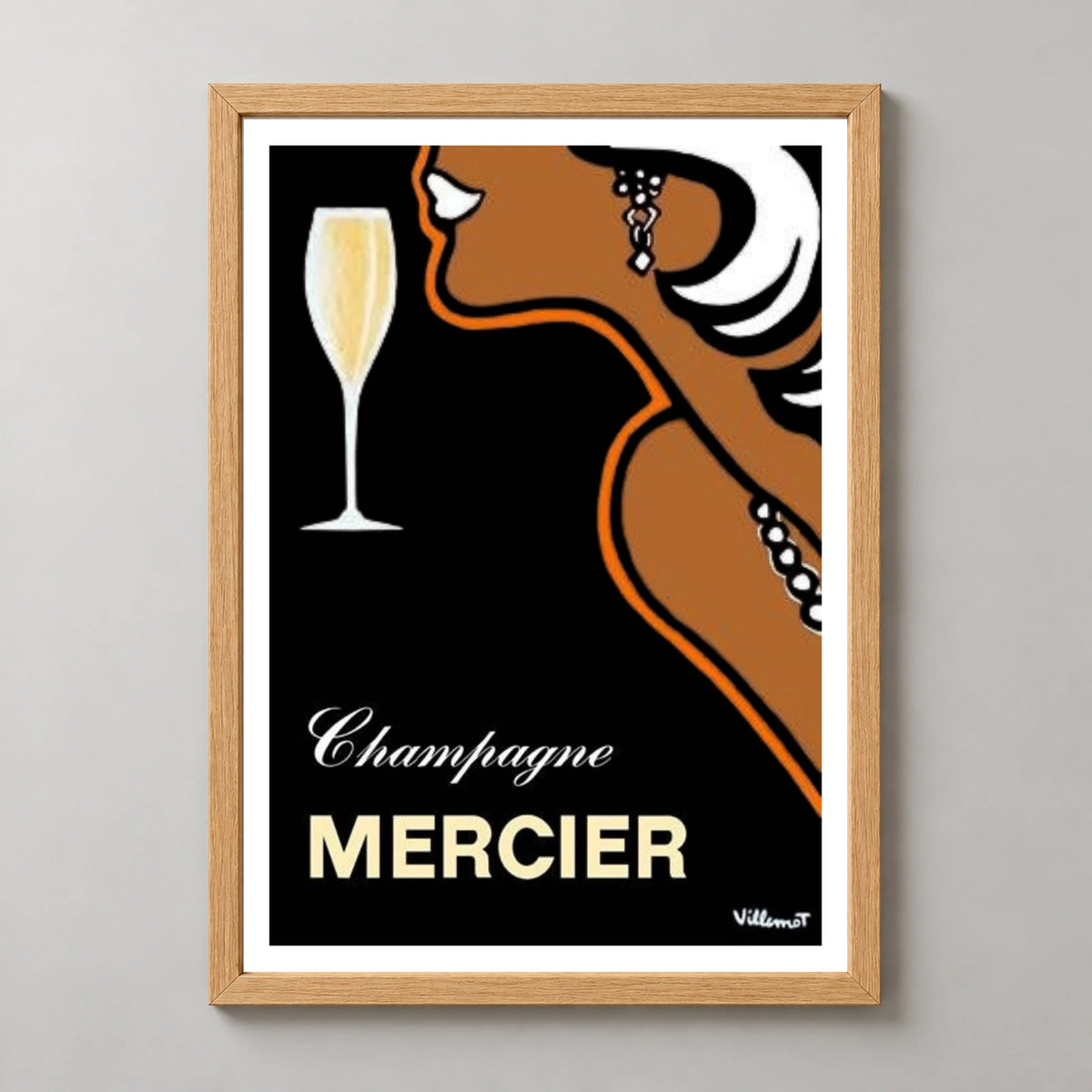 Mercier Champagne Profile Poster by Villemot — wood frame studio view