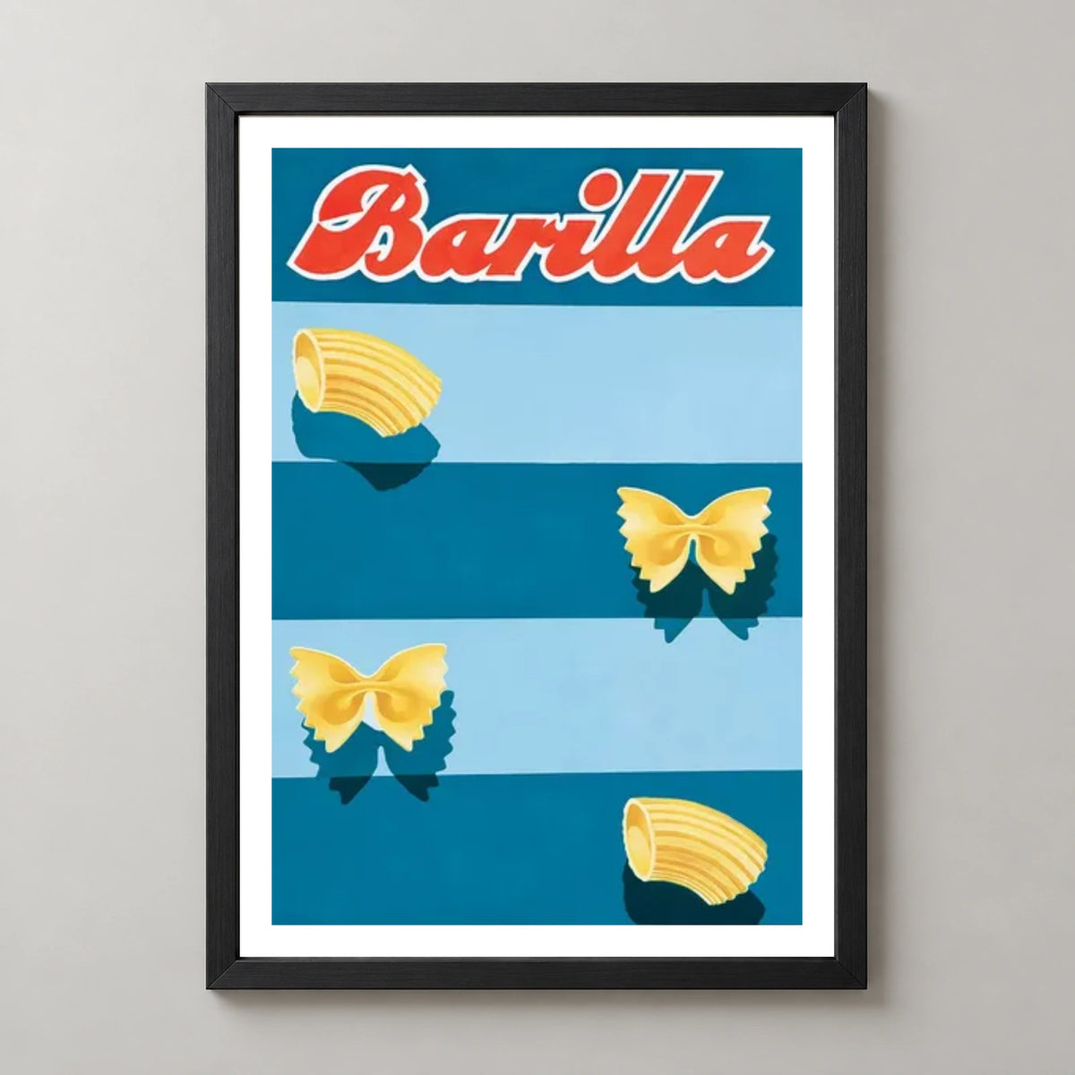 Barilla Pasta Blue Stripes Poster — black frame studio view