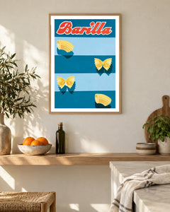 Barilla Pasta Blue Stripes Poster — natural wood frame in a warm, light kitchen