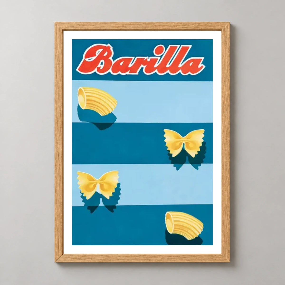 Barilla Pasta Blue Stripes Poster — wood frame studio view