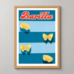 Barilla Pasta Blue Stripes Poster — wood frame studio view