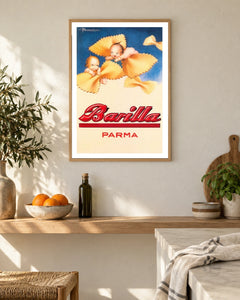 Barilla Parma Pasta Babies Poster — natural wood frame in a warm, light kitchen