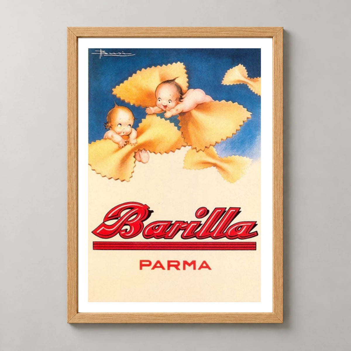 Barilla Parma Pasta Babies Poster — wood frame studio view