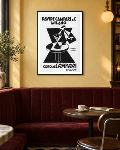 Cordial Campari Geometric Table Poster — black frame in a warm bistro dining space