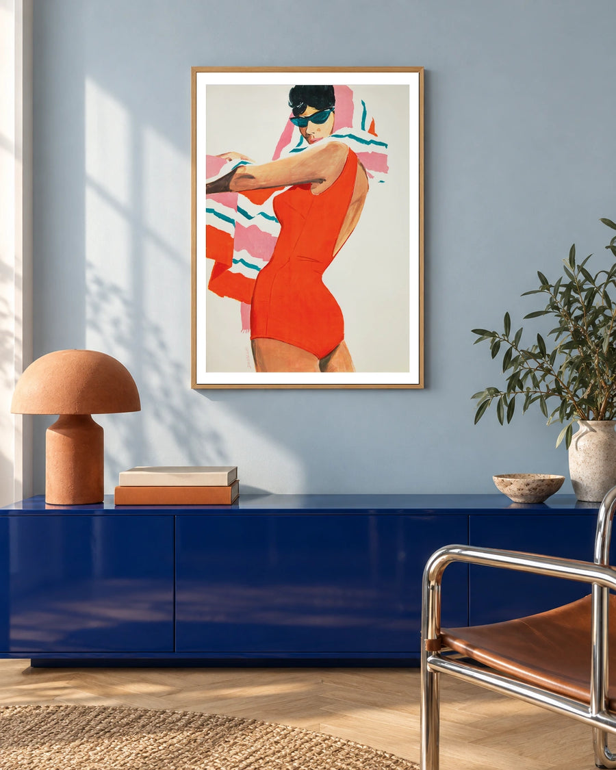 Lahco Red Swimsuit Poster — natural wood frame in a blue-toned living space