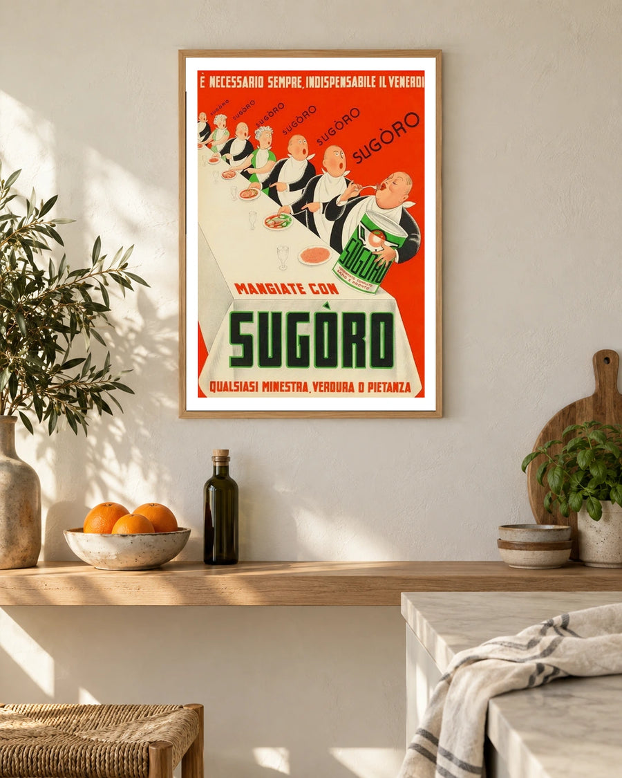 Sugoro Soup Dining Poster — natural wood frame in a warm, light kitchen