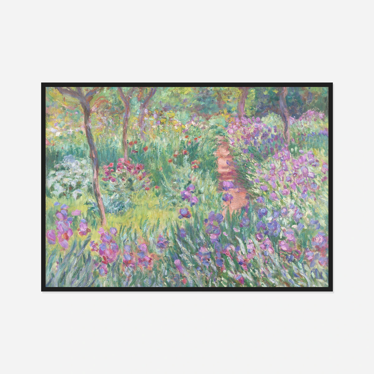 Garden Irises at Giverny — front view in a black frame