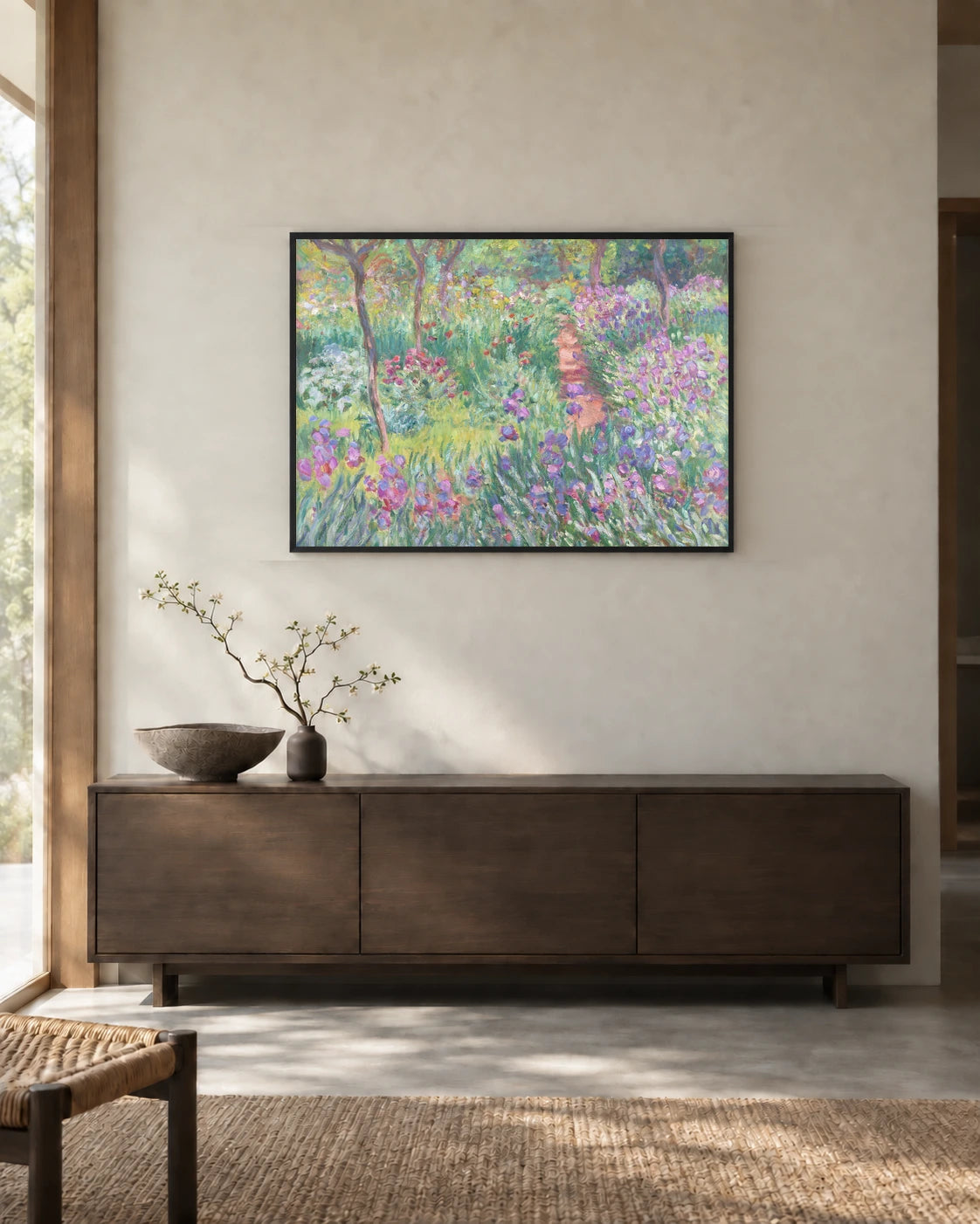 Garden Irises at Giverny Art Print by Claude Monet in a styled interior