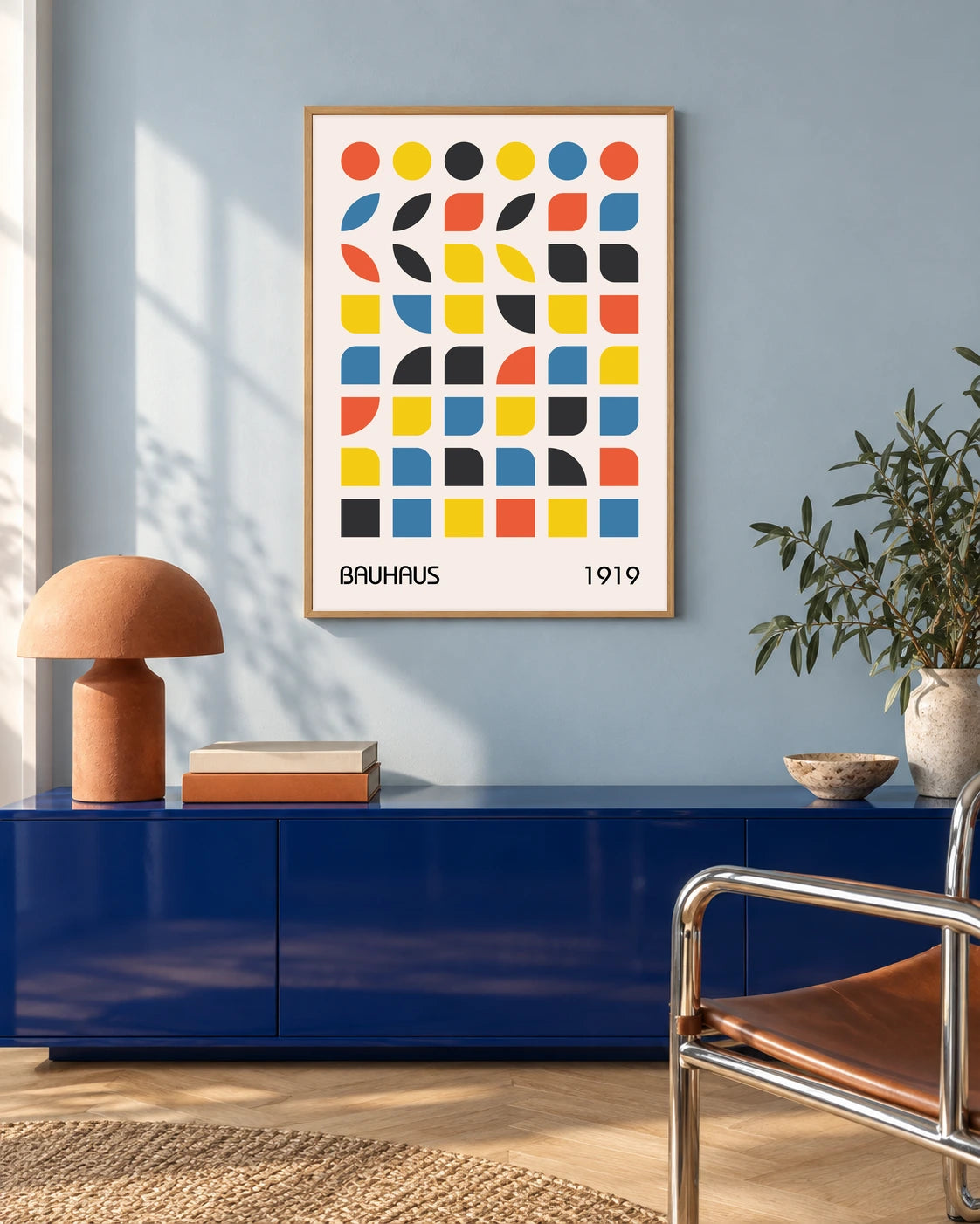 Geometric Colour Study — styled room visualisation in a natural wood frame
