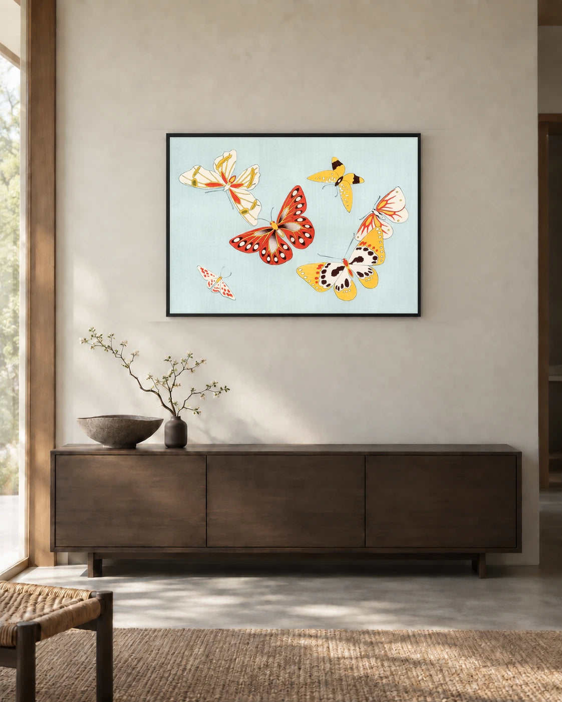 Golden Butterflies — styled room visualisation in a black frame
