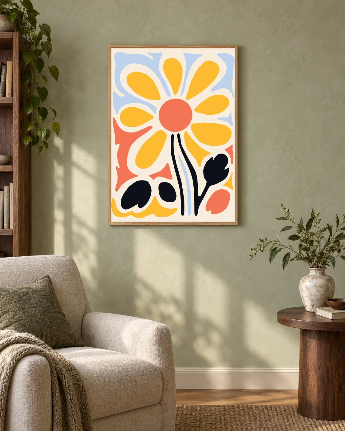 Golden Flower Study — styled room visualisation in a natural wood frame