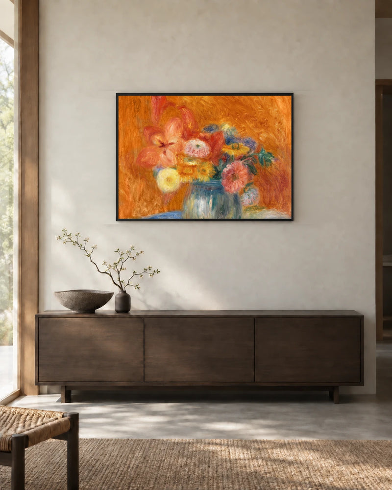 Green Bowl of Flowers — styled room visualisation in a black frame